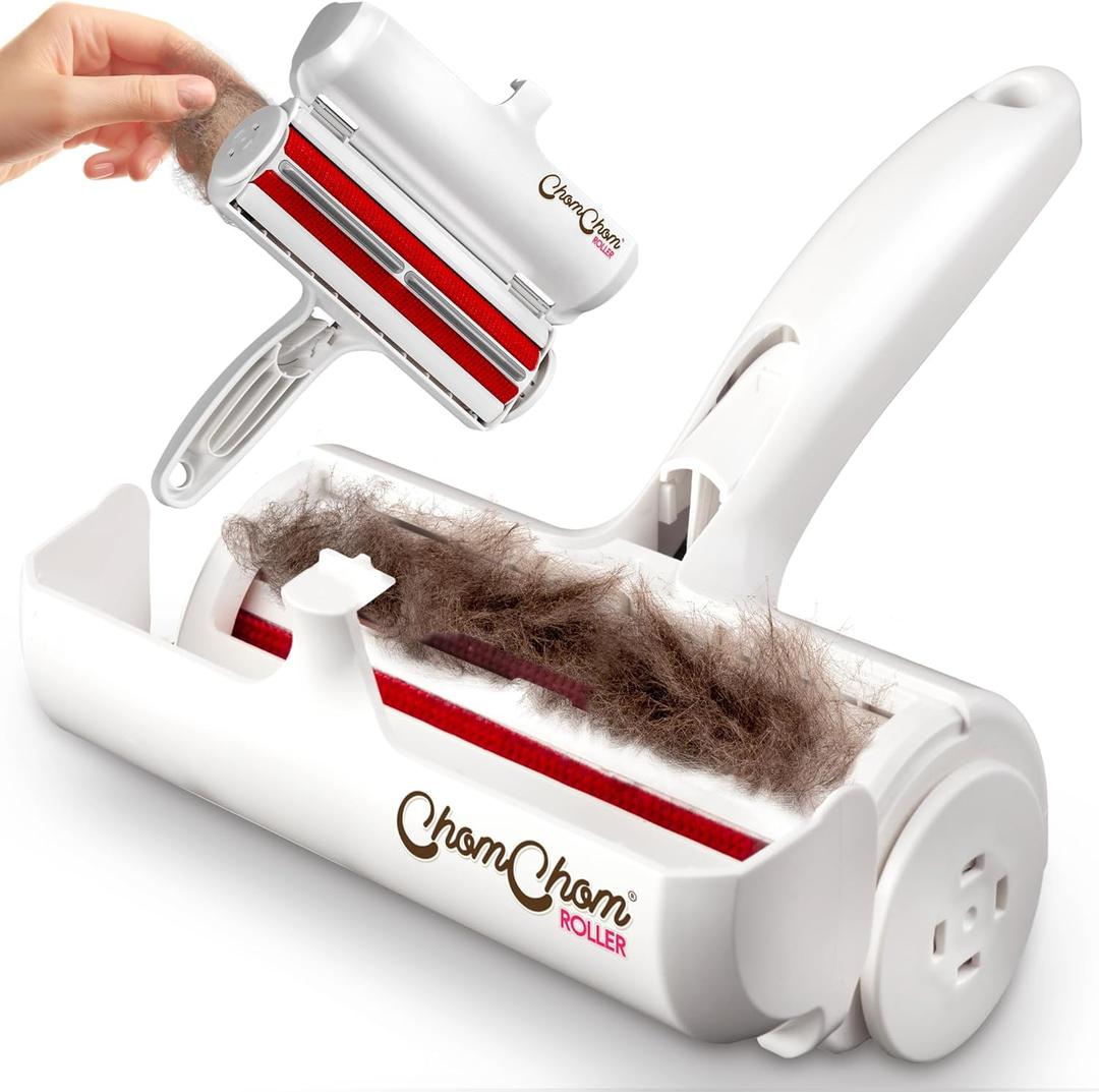 Chom Chom Roller Pet Hair Remover and Reusable Lint Roller - ChomChom Cat and Dog Hair Remover for Furniture, Couch, Carpet, Clothing and Bedding - Portable, Multi-Surface Fur Removal Tool (White)