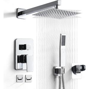 Chrome Shower System 8 Inch, Rain Shower Head with Handheld Spray, Luxury Rain Shower Set Square Wall Mount for Bathroom with Rain Shower and Handheld Shower System