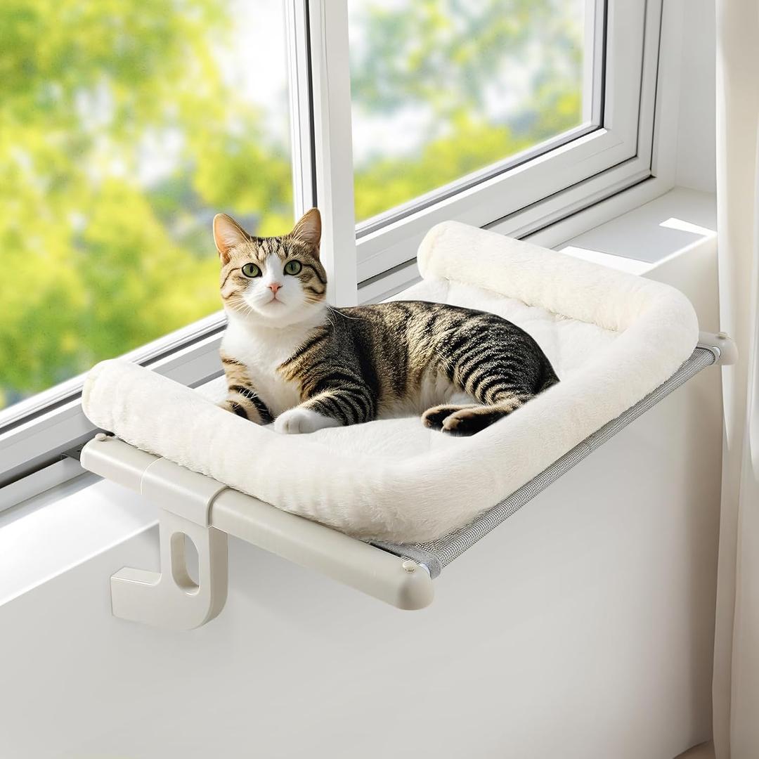 Sunhoo Cat Window Perch Hammock Sturdy Windowsill Bed Seat for Large Cats No Drilling No Suction Adjustable Kitty Shelf with Washable Cover Easy Assembly Holds up to 40 lbs 24.8 x 15 in (White, L)