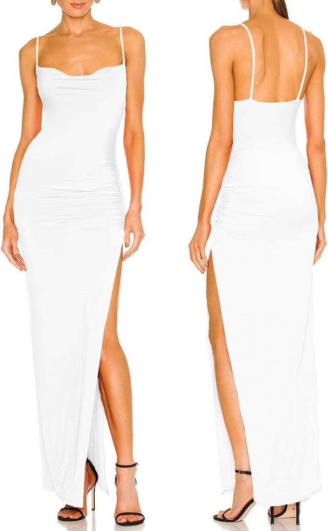 Aigeman Women Spaghetti Straps Cowl Neck Maxi Dress Bodycon Formal Dresses Ruched High Slit Cocktail Party Dress 60 (White, S)