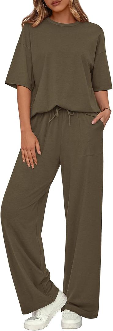 BTFBM Summer Outfits For Women 2026 Two Piece Sets Casual Short Sleeve Spring Tops Wide Leg Pants Matching Lounge Set (Green, S)