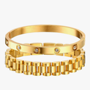 2pcs Gold Chain Link Bracelet, Stainless Steel Crystal Friendship Bracelets Bangle,Watch Band Chains Wristband Jewelry with Adjust Tool