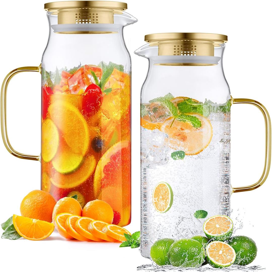 Bivvclaz 2 Pack 2 Liter 68 oz 2.1 Qt Gold Glass Pitcher with Lid and Handle, Water Pitcher for Fridge, Glass Carafe for Hot/Cold Water, Large Iced Tea Pitcher for Coffee, Juice and Homemade Beverage