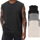 Mens Cotton Sleeveless Tank Tops Cut Off Muscle Gym T Shirts Running Beach Loose Fit Tees (Large, Ivory/Grey/Black)