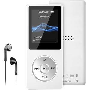 MP3 Player with Bluetooth 5.0, 1.8 inch Screen Portable Music Player with HD Speaker, HiFi Music Supports FM Radio, Voice Recorder, Supports Expanded Up to 128GB(White, 32GB)