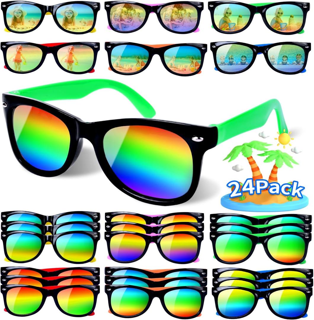 Kids Sunglasses Bulk,24 Pack Sunglasses Kids Party Favor for Kids Age 4-8-12, Neon Sunglasses with UV400 Protection Pool Party Toys, Goody Bag Stuffers, Summer Toys for Boys and Girls.