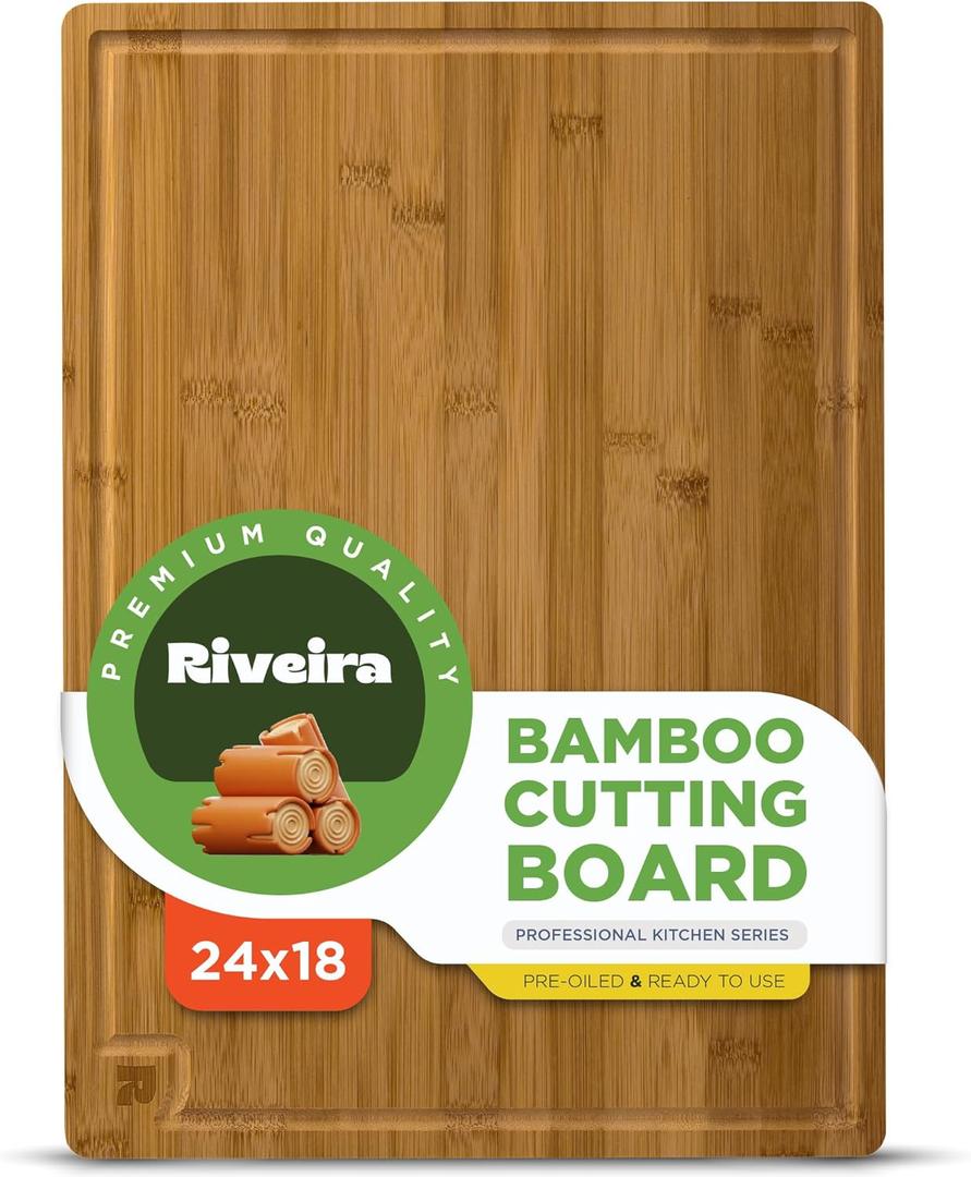 Riveira Brown Bamboo Wood Cutting Board  Gourmet Bamboo Grandeur: 24 x 18 Wooden Cutting Board  Wooden Cutting Boards For Kitchen Decorative  Innovative Juice Grooves Wooden Chopping Board