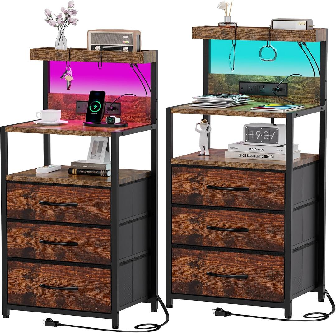 SZLHANJZ Nightstands Set of 2 with Outlet and USB C Port, Bedroom Night Stand with Led Lights and 3 Fabric Drawers, Matching Bedside Tables with Hooks, Vintage Style Storage End Tables, Rustic Brown