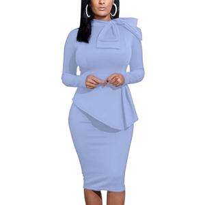 Women's Peplum Bodycon Long Sleeve Wear to Work Dresses Bow Party Club Ruffle Formal Cocktail Pencil Dress (Large, Light Blue)