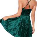 R.Vivimos Women's Crushed Velvet Spaghetti Straps Sexy V Neck Club Party Pleated Swing Skater Dress (Green, S)