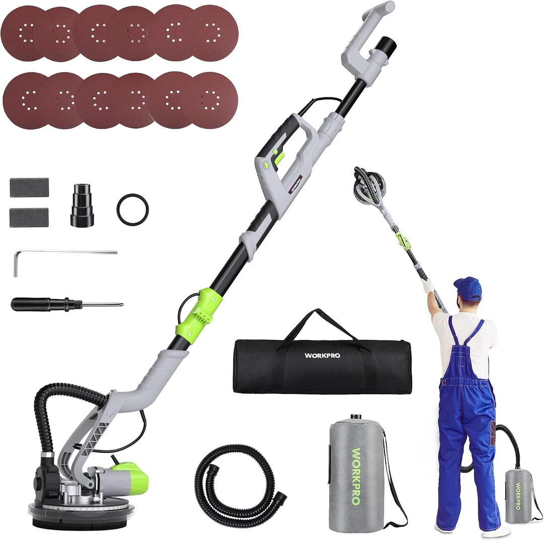 WORKPRO Drywall Sander, 720W Electric Sander with 12Pcs Sanding Discs, 7 Variable Speed 1100-1850 RPM Wall Sander with Extendable Handle, LED Light, Floor and Popcorn Ceiling Removal Tool