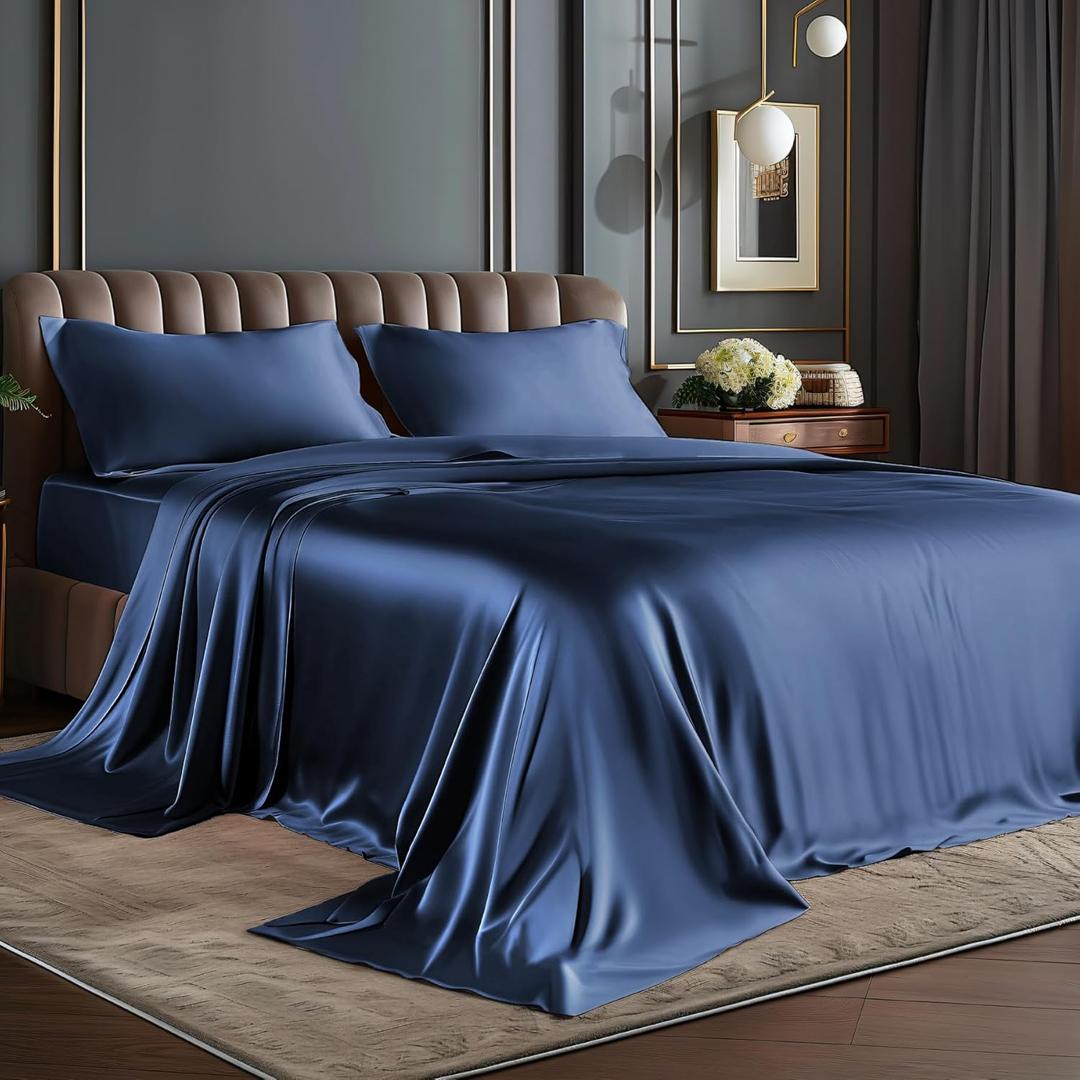 BEDELITE Satin Sheets Full Size Bed Set, Luxury Soft Navy Silky Sheet for Hair and Skin, Similar to Silk Bed Sheets Set 4 Pieces with 1 Deep Pocket Fitted Sheet, 1 Flat Sheet, and 2 Pillowcases