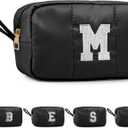 Puffy Makeup Bag for Women, Initial Cosmetic Bag, Cute Travel Toiletry Bag, Puffer Make Up Organizer Bags with Compartments, Personalized Gifts for Girlfriend Bridesmaid Teacher Graduation (Black, M)