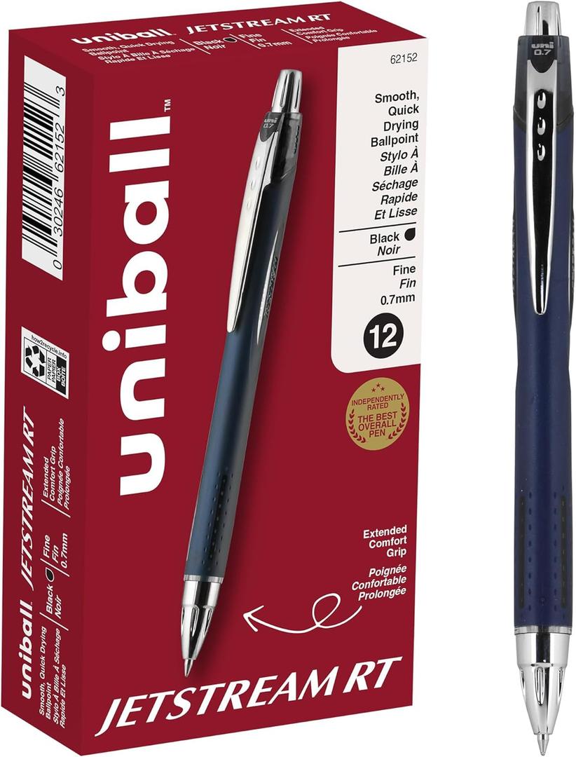 uniball Jetstream RT Ballpoint Pens, Fine Point (0.7mm), Black, 12 Pack