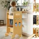 Toddler Tower 4 in 1 Toddler Kitchen Stool Helper Adjustable Standing Tower for Kitchen Counter with Safety Board, Slide, Chalkboard, Montessori Activities
