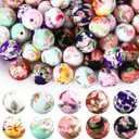 Ferreve 60 Pcs 15mm Silicone Beads Bulk Spring Flower Print Round Focal Beads Rubber DIY Silicone Loose Bead for Bracelet Making Kit for Keychain Pens Necklace Bracelets Jewelry Making