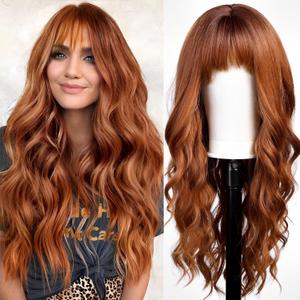 Orange Wigs with Bangs,Ginger Long Wavy Wig for Women,Long Curly Synthetic Hair Wig for Party Daily Use 24IN
