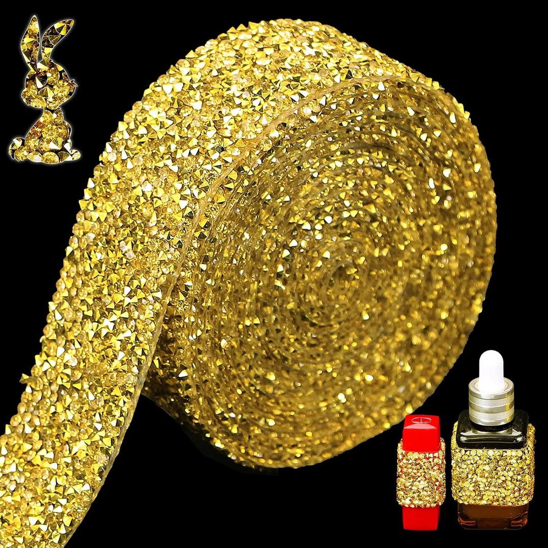 Locacrystal Bling Rhinestones Ribbon Self-Adhesive Iron on Resin Diamond Crystal Ribbon Wrap Roll DIY Rhinestone Stickers for Wedding Clothing Cars Crafts Dress DecorationGold,1.18inch x 3yard