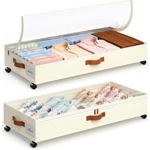Yecaye Under Bed Storage with Wheels, 65L Under Bed Storage Containers with Adjustable Dividers & Clear Lid, Rolling Underbed Organizer Bins Drawer for Clothes, Shoes, Blankets, 2 Pack