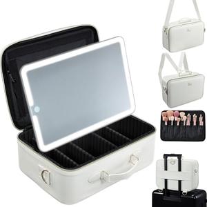 Faquenc Large Makeup Bag with LED Mirror,Travel Cosmetic Train Case for Makeup Artists,Makeup Organizer Case with Divider Rechargeable Vanity Mirror with 3 Color Lights for Barber,MUA,Nail Tech, Beige