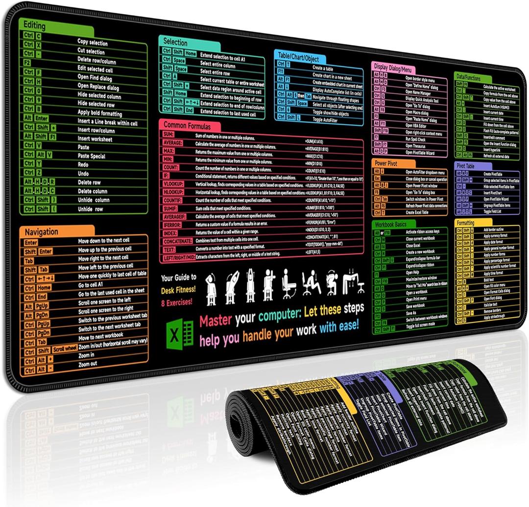 Mouse Pad with Excel Mousepad 31.5 x 11.8in Excel Cheat Sheet Desk Pad Office Desk Accessories for Suppliess DeskMat for Keyboard and Mouse Keyboard Pad XL Large Mouse Pad for Home and Office