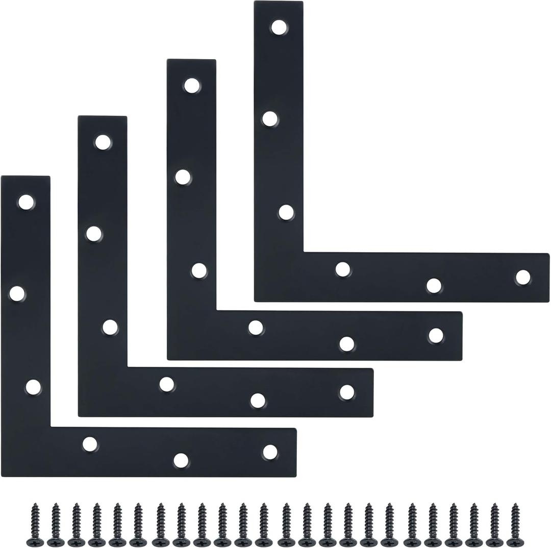 Alise Flat L Brackets for Wood,Black Flat Corner Brace Corner Brackets for Wood Frame Tables Chairs Sofas Beds Cabinets Doors and Windows,6x6 Inch Stainless Steel Mending Plates,Pack of 4