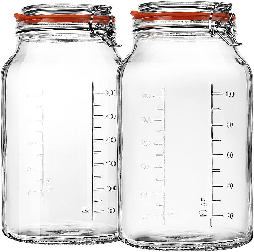 1 Gallon Glass Jars with Airtight Lid, Large Glass Storage Containers with Lids, 2 Pack Wide Mouth Mason Jars with Measurement Marks, Kitchen Pantry Storage for Flour, Sugar, 138oz, Dishwasher safe