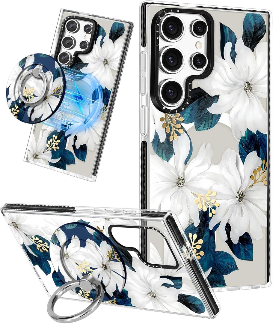 Cute Case for Samsung Galaxy S25 Ultra for Women Girls - Funny Blue Flower Design Compatible with Magsafe Magnetic Ring Holder Kickstand Fashion TPU Phone Covers