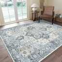 GENIMO 9x12 Area Rugs for Living Room, Non Slip Machine Washable Vintage Rugs, Low Pile Lightweight Chenille Print Large Rug for Bedroom, Dining Room, Home Office, Blue