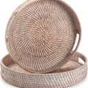 Round Rattan Serving Tray Decorative Woven Ottoman Trays with Handles for Coffee Table White (Small 11.8 inch x 2 inch)