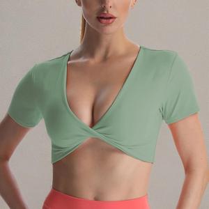 Aoxjox Short Sleeve Crop Tops for Women Sienna Twist Deep V Workout Cropped T Shirt Top (Sage Green, X-Large)