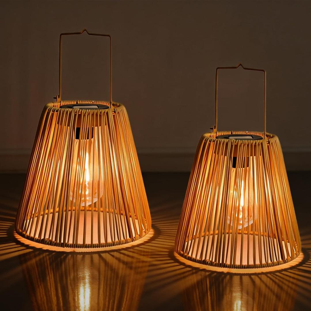 Solar Lanterns Outdoor Waterproof 2 Pack Faux Rattan Hanging Lights | Faux rattan shades, warm LED glow, auto on/off, tabletop or hanging display, metal handles, patio porch and yard decor