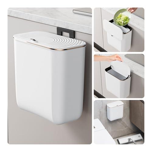 LAIMEQAY 2.4 Gallon Hanging Trash Can - Small Under Sink Trash Can with Lid, Wall Mounted Garbage Bin for Kitchen & Bathroom Cupboard, Odor-Control, Extended Clamping Ring, White (2.44"L x 5.82"W x 10.47"H)