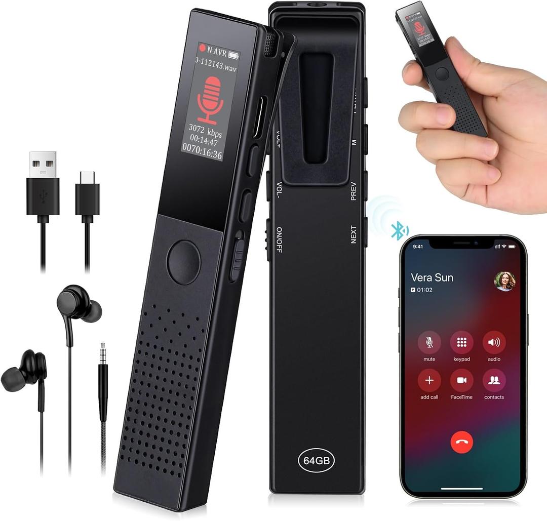 64GB Digital Voice Recorder - Bluetooth Playback, 3072KBPS Voice Activation, Password Protection - Ideal for Lectures, Meetings, Interviews.