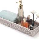 Rattan Bathroom Vanity Trays Toilet Tank Baskets Long Narrow Hand Towel Storage Basket for Storage, Decorative (Whitewash 16.3 x 6.1 x 2 inch)