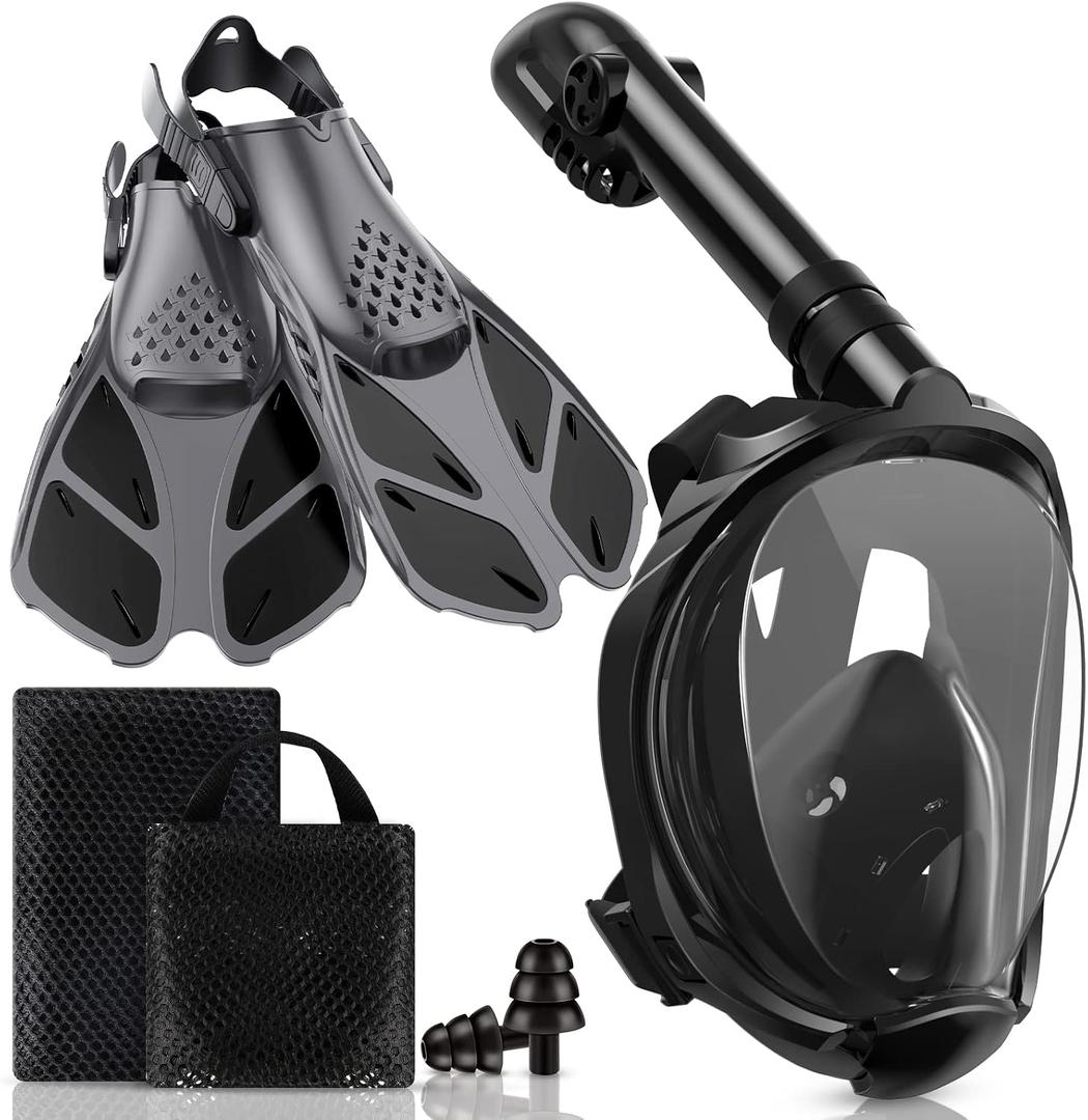 Viginsul Mask Fins Snorkeling Gear for Adults, Full Face Snorkel Mask & Adjustable Swim Fins Snorkel Set, Panoramic View Snorkel Mask Dry Top Anti-Fog Anti-Leak