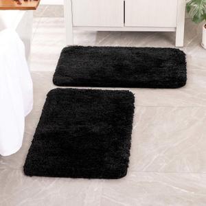 MIULEE Black Bathroom Rugs Set 2 Piece, Soft Absorbent Microfiber Bath Mat Set, Non Slip Quick Dry Machine Washable Plush Shaggy Bath Rugs for Bathroom Floor, Tub and Shower, 16x24 inches