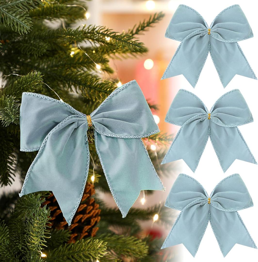 Janinka 12 Pcs Light Blue Christmas Velvet Bows 6 Inch Rustic Wreath Gift Bows Vintage Xmas Velvet Ribbon Bow Ornaments for Xmas Farmhouse Tree Garland DIY Craft Wrapping Decorative