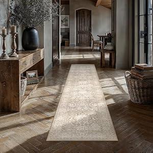 HUGEAR Hallway Runner Rugs 3x8 Beige Washable Rug Neutral Vintage Rug Carpet Distressed Soft Durable Non Slip No Shedding for Indoor Bedroom Kitchen Dining Nursery Laundry