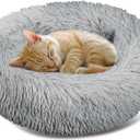 RAINFLOW Cat Bed - Calming Cat Bed for Small Kittens Donut Washable Round for Indoor Kittens and Puppies, Anti-Slip Round Fluffy Plush Faux Fur, Medium, Light Grey