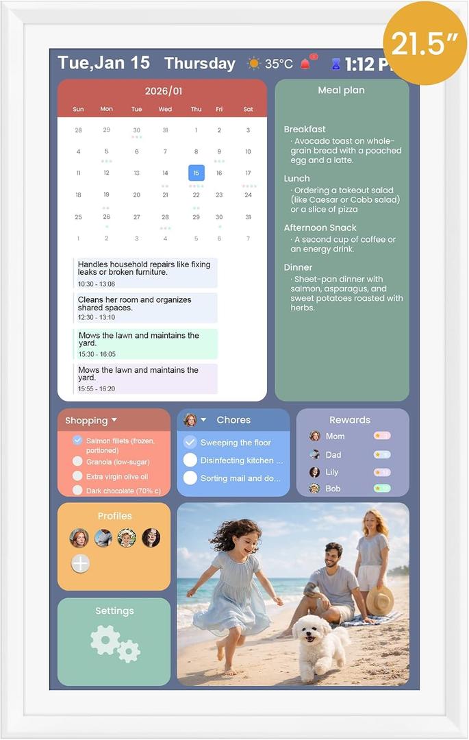 21.5-Inch Smart Digital Calendar & Photo Frame for Family, Large Wall Planner with Auto-Sync to Apple, Google & Outlook, Touchscreen Display with Chore Chart, To-Do Lists & Meal Planner, No Subscription, White Frame