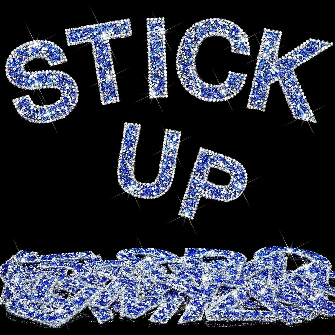 34Pcs Rhinestone Letter Stickers Bling Glitter Alphabet A-Z Letters Self-Adhesive Crystal Word Sticker Iron on Letters for Clothing Art Crafts DIY Decors(SilverBlue+White,2.24")