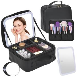 Yaliang Travel Makeup Bag, Portable Makeup Case with LED Mirror, Removable Mirror with 3 Color Modes, 8 Adjustable EVA Dividers for Brushes Toiletry Jewelry Digital Accessories, Solid Black