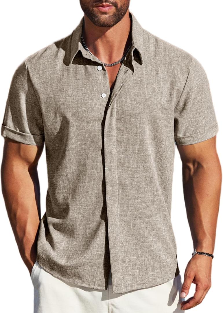MAPICK Men's Linen Shirts Short Sleeve Button Down Casual Shirt Business Dress Clothing Beach Fashion Summer Tops (X-Large, Dark Khaki)