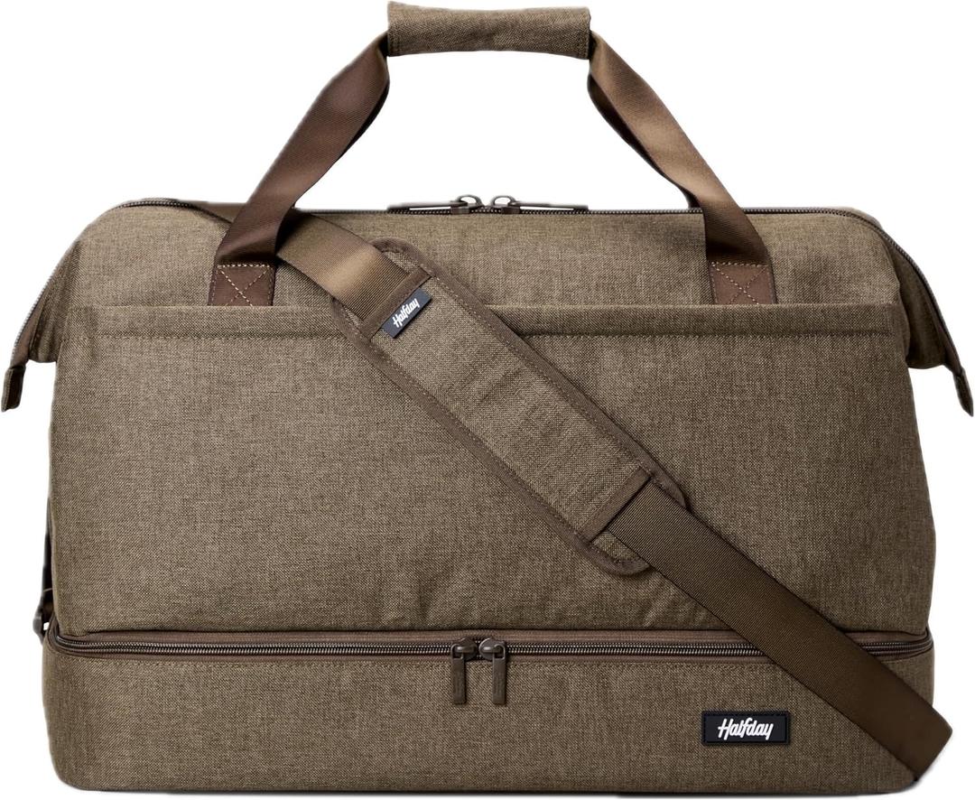Halfday Double Decker Weekender: Travel Duffel Bag with Shoe Compartment, 40L Carry-on Overnight Bag, Water-Resistant (Trolley Sleeve, Padded Strap, Bottom Zip Compartment, Interior Pockets), Dune, Medium