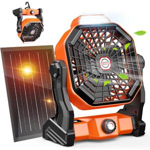 20000mAh Solar Camping Fan, 10W Solar Powered Fans with Solar Panel, Rechargeable Fan & Led Lantern, Battery Operated Powered Outdoor Tent Fans for Camping Summer Essentials (Orange)