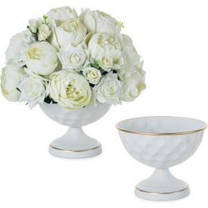 Sziqiqi White Vases for Wedding Centerpieces: 6.1in Metal Urn Vases Set of 2 Compote Vase for Decorations - Flower Arrangements Table Vase Plant Bowl for Wedding Party Event Home Decor