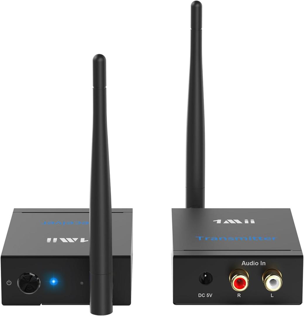 1Mii 2.4Ghz (1 TX + 1 RX) Wireless Audio Transmitter Receiver for TV, 320ft Long Range 20ms Low Delay HiFi Audio, Wireless Adapter Kit for Powered Speaker/Stereo/Soundbar, RCA(3.5mm AUX) Out/Input