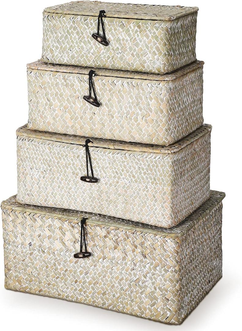 Woanger Set of 4 Wicker Storage Baskets OrganizerHandwoven Storage Bins with Lid for Organizing, Home Utility Box for Home Office Supplies Multipurpose Container(White)