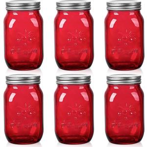Amzcku 32oz Red Mason Jars with Lids, 6 Pack Wide Mouth Quart Canning Jar, Safe For Storage, Canning, Pickling, Preserving, Fermenting, DIY Crafts & Decor